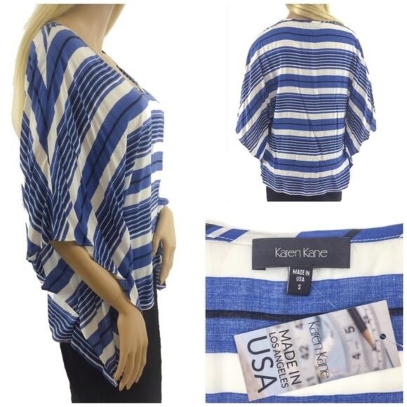 NWT Nordstrom x Karen Kane Angel Flutter Sleeve Blue White Black Striped Top - Picture 4 of 6
